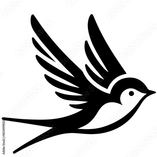 Illustration of a black and white swallow bird in flight with detailed wings and a streamlined body design