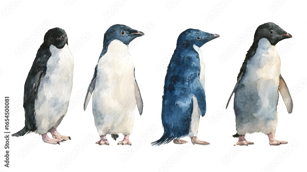 Naklejka premium adelie penguin watercolor illustration set. Hand drawn realistic emperor penguin cute fluffy couple of nestlings. Aptenodytes forsteri Antarctica avian. Baby penguin set isolated on white background