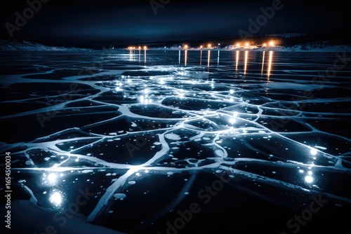 Fototapeta Naklejka Na Ścianę i Meble -  Frozen lake at night, intricate ice patterns illuminated by light sources