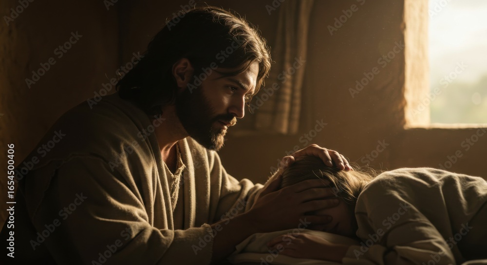 Obraz premium A caring man with a beard and robe places his hand on the head of a girl lying down. Biblical scene depicting healing and compassion, for religious contexts.
