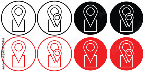 Map Location Pin Icon Set Vector, GPS Navigation Markers in Red, Black and White Circles, Travel Destination Pointers, Geolocation Symbols Collection, Route Position Tags, Modern Mapping and Direction