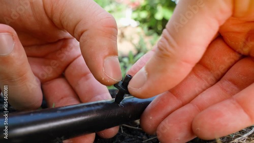 Hands insert a drip irrigation adapter into a plastic pipe, close-up. Installation of irrigation for flowers