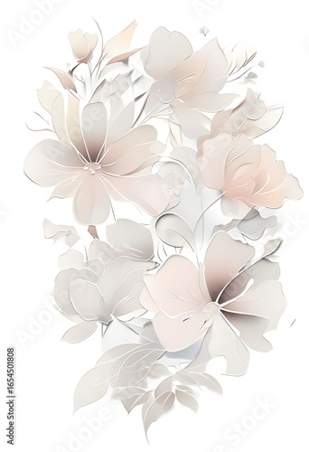 Elegant Floral Illustration – Soft Pastel Paper Cut Flowers Botanical Art Design