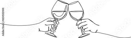 continuous single line drawing of two hands holding and clinking wine glasses, symbolizing a toast to celebrate, line art vector illustration