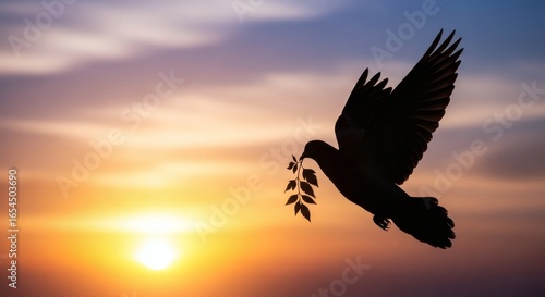 Wallpaper Mural Silhouette of a dove carrying an olive branch at sunset Torontodigital.ca