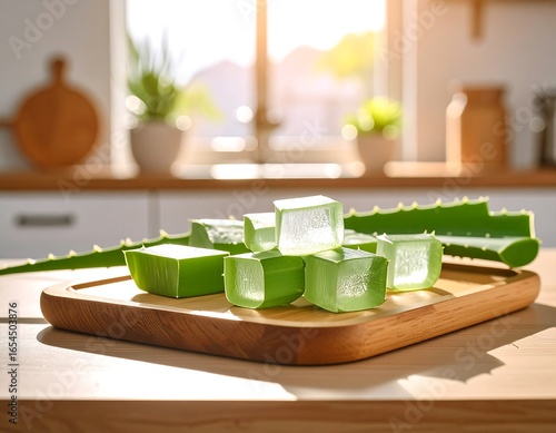 Close-up of fresh aloe vera on a wooden board with kitchen background