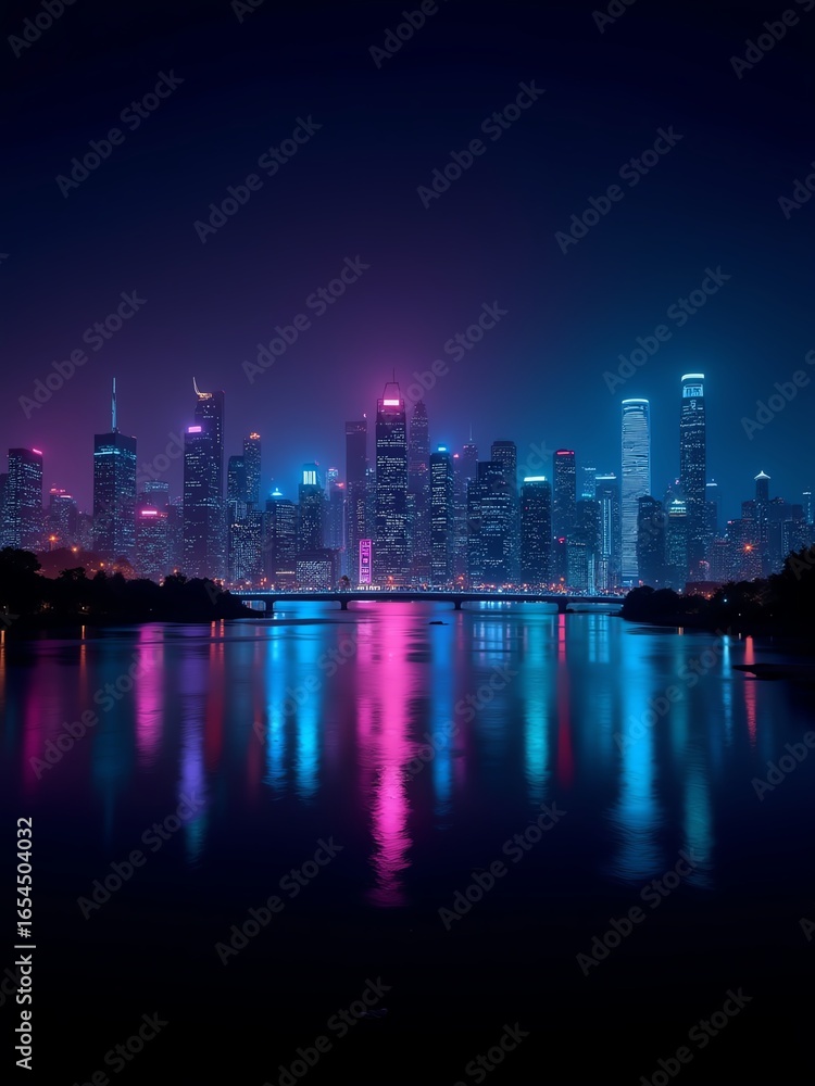 Fototapeta premium Vibrant cityscape at night, reflected in calm water. Neon lights illuminate modern skyscrapers, creating a stunning, futuristic scene.