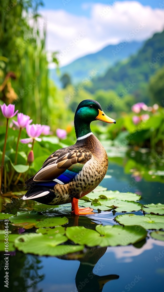 Obraz premium Colorful duck in a serene pond with lilies
