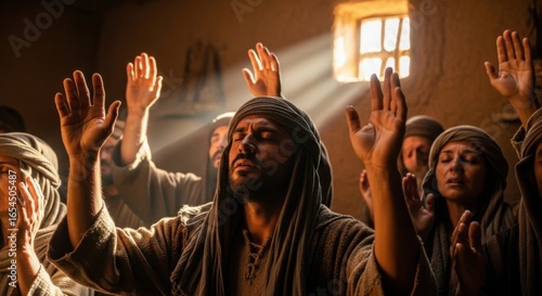 Group of early Christians praying with raised hands. Biblical scene depicting spiritual worship. Religious faith and devotion for church services.