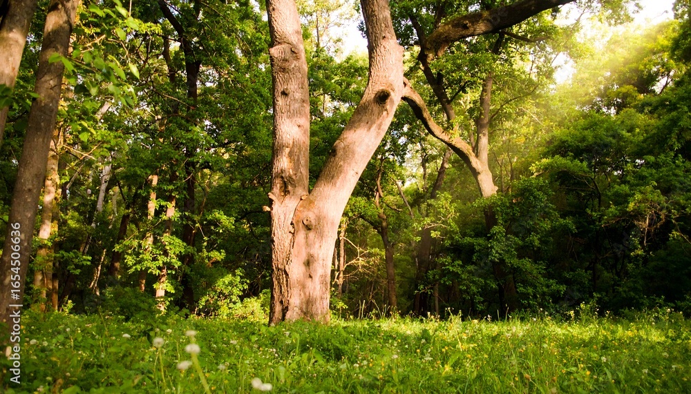 Fototapeta premium Lush, sun-drenched woodland scene with a prominent, gnarled tree trunk, bathed in golden sunlight filtering through the canopy.