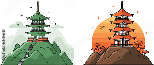 Pagodas on mountains with green and orange backgrounds in flat style  