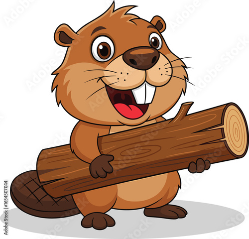 Wallpaper Mural Cartoon beaver holding wooden log, smiling forest animal with big teeth and tail, cute woodland character illustration for nature themes Torontodigital.ca