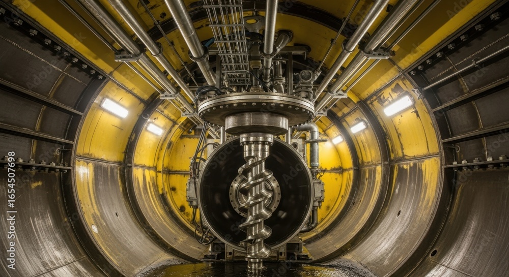 Obraz premium Industrial lighting illuminating the inner chamber of a highdensity ballistic propellant mixing bunker with corrosionresistant coatings.