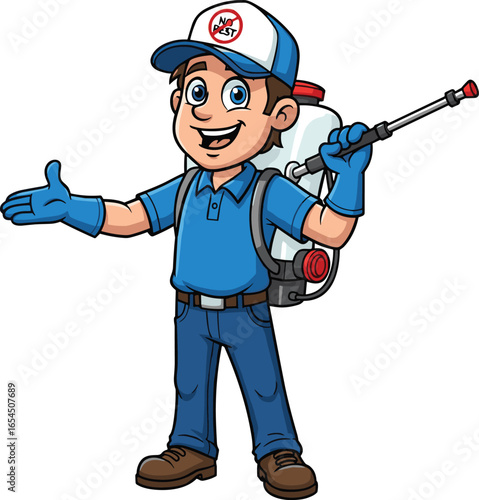 Cartoon pest control worker in blue uniform with spray backpack, smiling mascot for extermination service, hygiene, safety, home protection illustration
