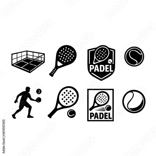 Padel Tennis Icons Set – Racket, Court, Player, Ball, Logo Vector