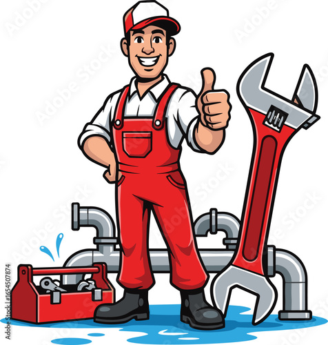 Cartoon plumber in red uniform with wrench, toolbox, leaking pipes, thumbs-up pose, plumbing service mascot for repair, maintenance, illustration