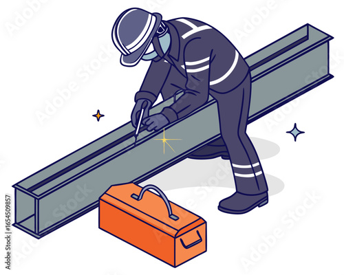 Isometric factory concept with handymen engaged in welding process, bright sparks visible, workers fully equipped with safety shields and gear.