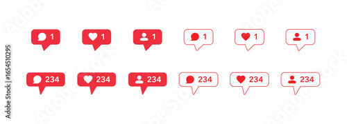A social media UI icon kit with outline and solid variations. A set of vector notification symbols for new follower, like, comment alerts. A user interface component for flexible app and web design.