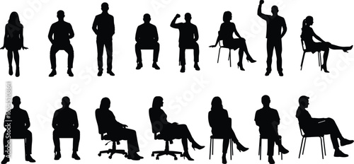 Silhouettes of people in seated and standing poses, varied gestures and postures for body language study, art, and design reference