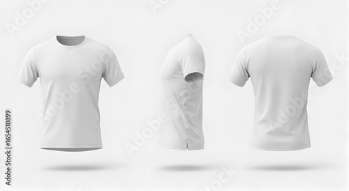 Blank white t-shirt mockup in front, side, and back view on a white background