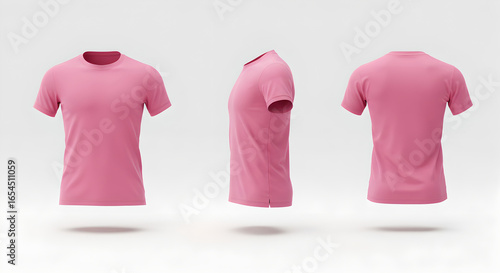 Blank pink t-shirt mockup in front, side, and back view on a white background