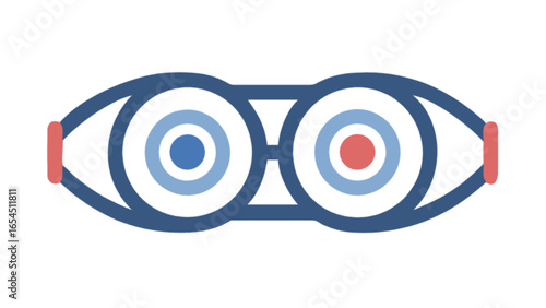 Stylized representation of two eyes connected with different colored pupils and red eyelashes