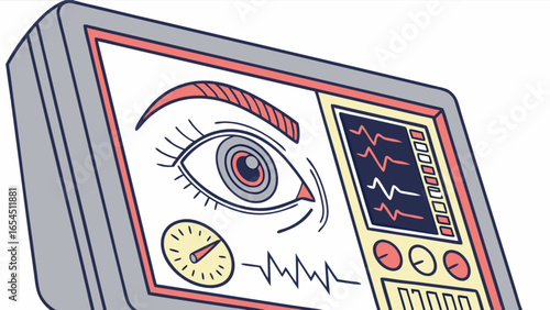 Illustration of a medical device displaying an eye and vital signs on a screen panel device