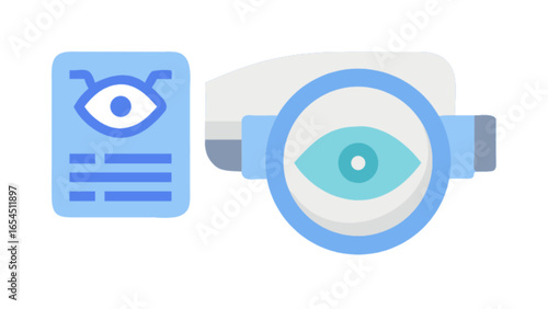 Eye examination equipment and a medical report with an eye icon in light blue and white colors