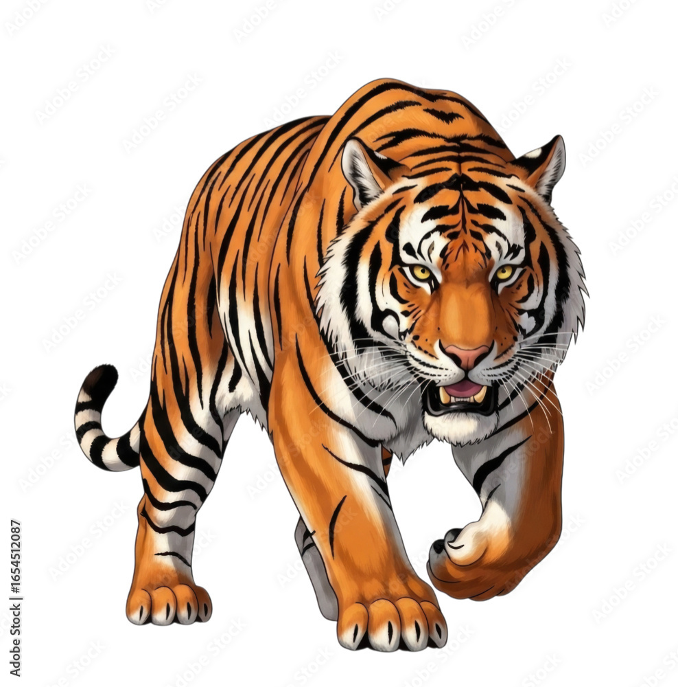 Naklejka premium Fierce tiger walking with determination and intensity on a transparent background, cutout PNG