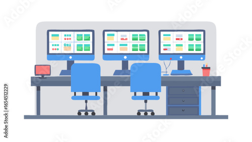 Illustration of a control room setup with multiple monitors and office chairs displayed neatly online