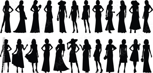 Silhouettes of twenty women in stylish dresses, various poses and accessories, fashion design elements for illustration, modeling, garment reference
