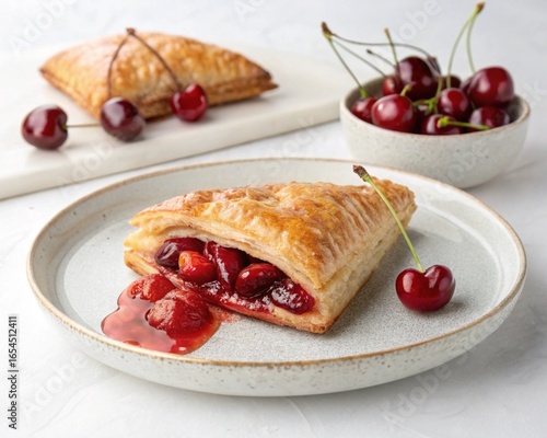 Cherry turnover on a plate white background.