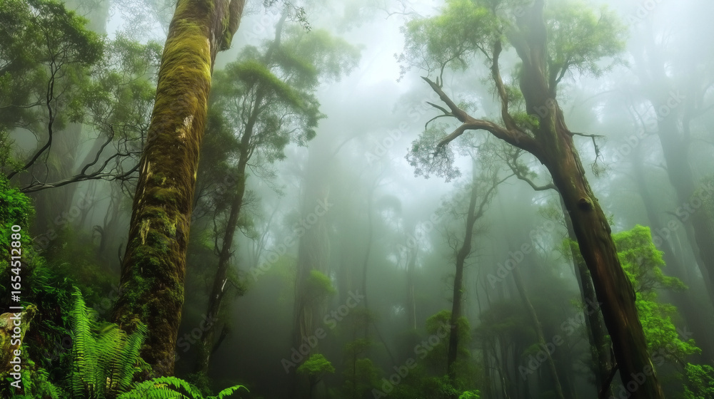 Fototapeta premium Foggy rainforest scene with tall moss-covered trees and vibrant green foliage.