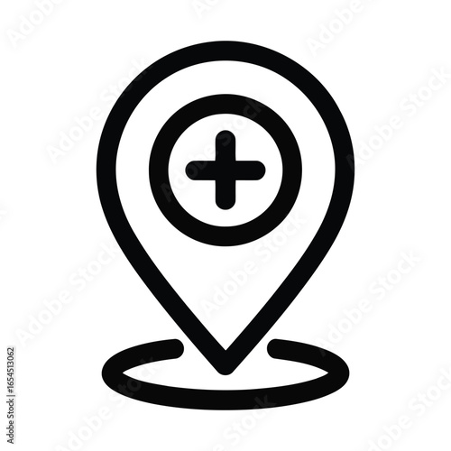 Medical location pin icon with plus sign inside circle