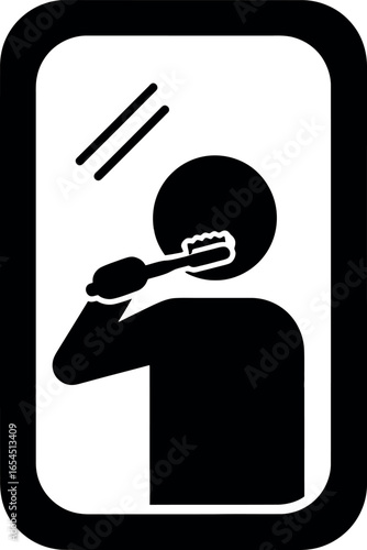 Vector art of silhouette of a person brushing teeth in front of a mirror, representing dental hygiene and oral care transparent background