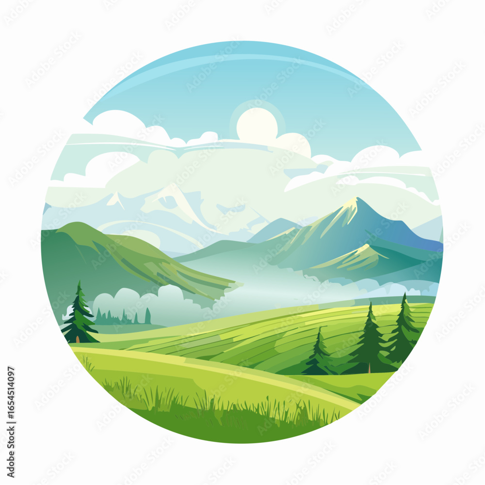 Obraz premium Serene Mountain Landscape with Green Valley and Fog