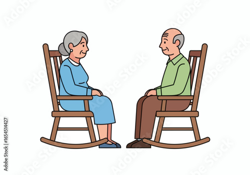 Senior couple enjoying peaceful retirement in rocking chairs, reminiscing about old times with smiles
