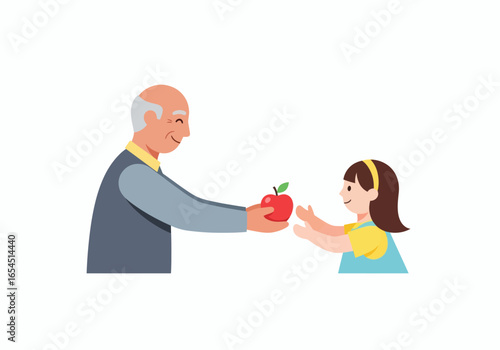 Grandfather gives shiny red apple to granddaughter with love and warmth against a clean white backdrop