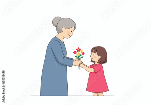 Granddaughter giving flowers to grandmother celebrating love and family bond, heartwarming moment of appreciation