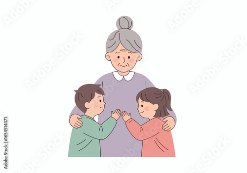 Grandmother lovingly embraces her grandchildren in sweet family moment of love and togetherness