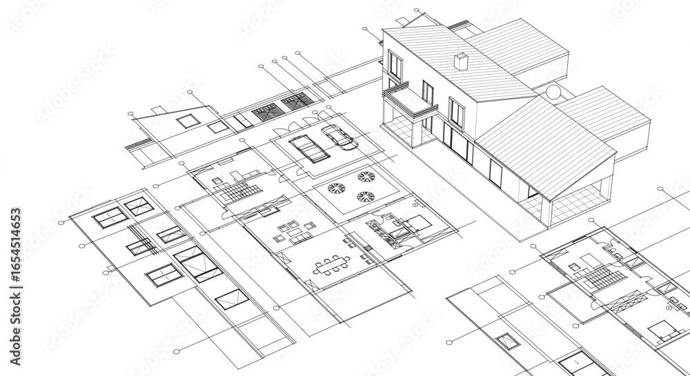 Fototapeta premium modern house sketch plan 3D illustration 