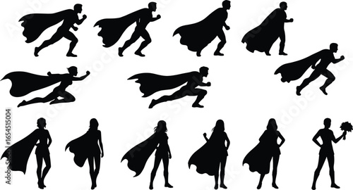 Silhouette superheroes in action, flying, running, standing, men and women in capes, heroic poses, comic style, vector illustration