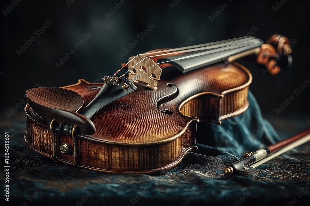 Obraz premium Violin Lying Elegantly on Decorative Cloth in Dark, Moody Indoor Scene