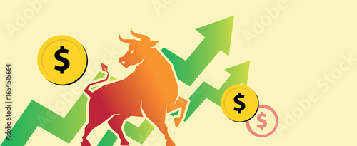 Crypto Up Vector Illustration with Bull. Digital Currency Growth and Bull Market Concept. Bull Market Crypto Vector Image, Rising Up Trend Bull Graphic. Upward Growth. Blockchain and Finance Market