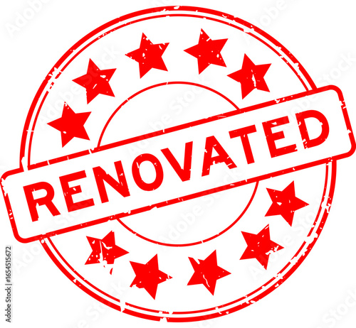 Grunge red renovated word with star icon round rubber seal stamp on white background