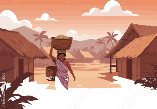 A resilient woman carries baskets with produce through her tranquil, traditional village at sunrise, showcasing daily life in a rural, developing community.