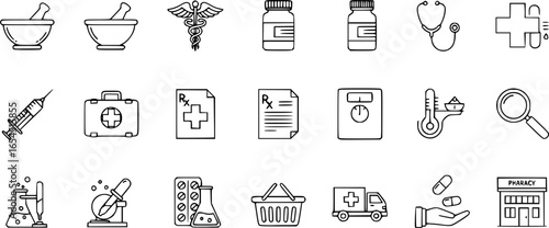 Line drawing icon set for monochrome pharmacy in vector

