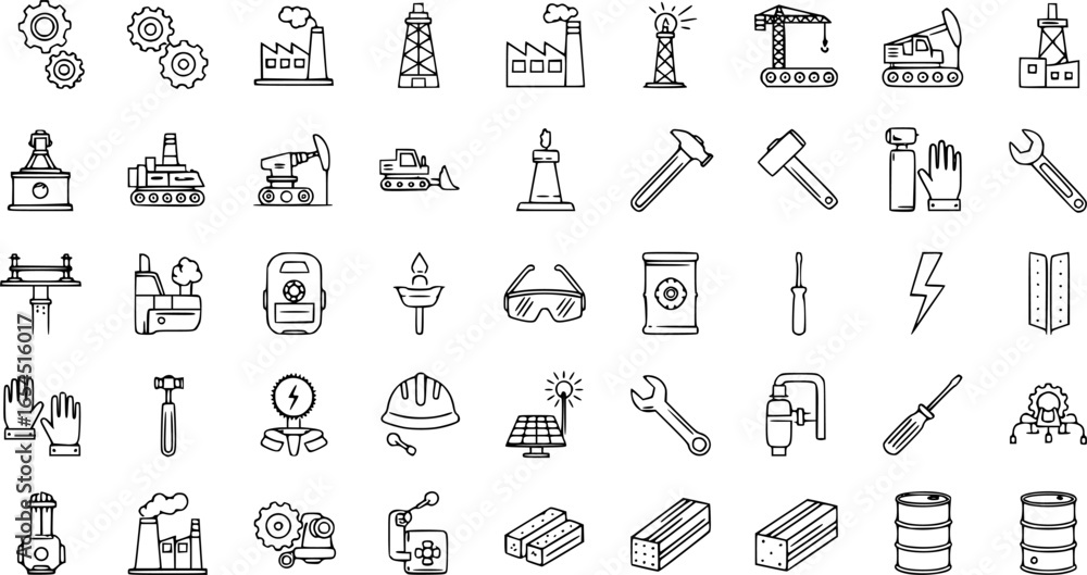 Fototapeta premium Vector and monochrome industrial line drawing icon set 