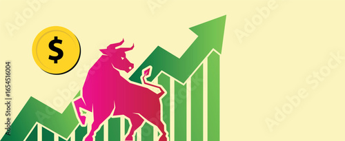 Crypto Up Vector Illustration with Bull. Digital Currency Growth and Bull Market Concept. Bull Market Crypto Vector Image, Rising Up Trend Bull Graphic. Upward Growth. Blockchain and Finance Market