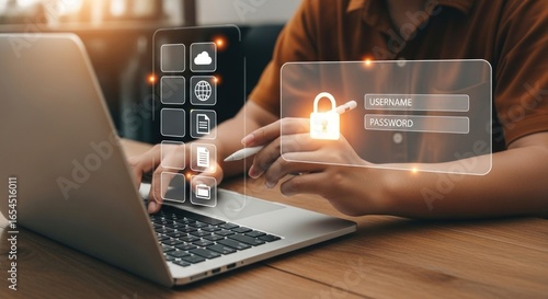 Securing digital access with password protection a laptop, ensuring online privacy and data security through advanced cyber technology and authentication